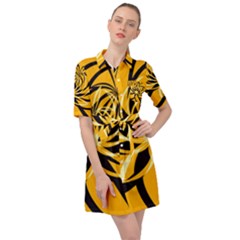 Black Yellow Abstract Floral Pattern Belted Shirt Dress