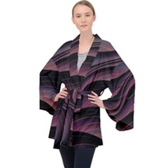 Dark Purple And Black Swoosh Long Sleeve Velvet Kimono  by SpinnyChairDesigns