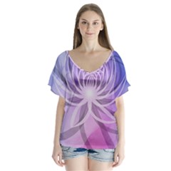 Watercolor Blue Purple Floral Pattern V-neck Flutter Sleeve Top by SpinnyChairDesigns