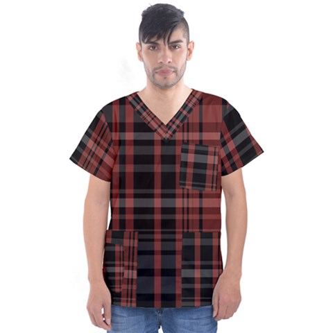 Black And Red Striped Plaid Men s V-neck Scrub Top by SpinnyChairDesigns