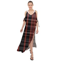 Black And Red Striped Plaid Maxi Chiffon Cover Up Dress by SpinnyChairDesigns