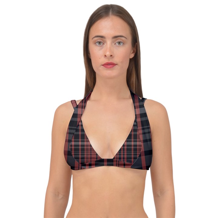 Black and Red Striped Plaid Double Strap Halter Bikini Top