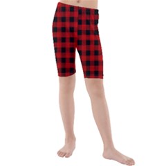 Grunge Red Black Buffalo Plaid Kids  Mid Length Swim Shorts by SpinnyChairDesigns