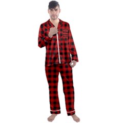 Grunge Red Black Buffalo Plaid Men s Long Sleeve Satin Pyjamas Set by SpinnyChairDesigns