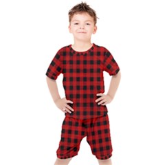 Grunge Red Black Buffalo Plaid Kids  Tee And Shorts Set by SpinnyChairDesigns