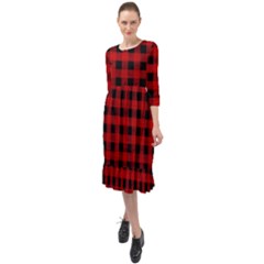 Grunge Red Black Buffalo Plaid Ruffle End Midi Chiffon Dress by SpinnyChairDesigns