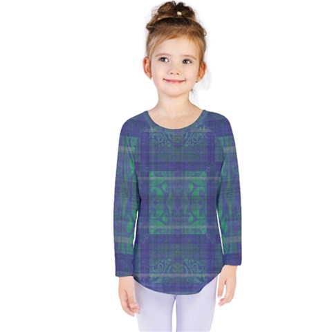 Blue Green Faded Plaid Kids  Long Sleeve Tee by SpinnyChairDesigns