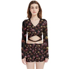 Zombie Eyes Pattern Velvet Wrap Crop Top