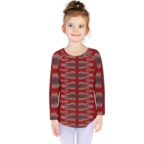 Red Grey Ikat Pattern Kids  Long Sleeve Tee by SpinnyChairDesigns