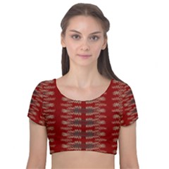 Red Grey Ikat Pattern Velvet Short Sleeve Crop Top  by SpinnyChairDesigns
