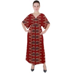 Red Grey Ikat Pattern V-neck Boho Style Maxi Dress by SpinnyChairDesigns
