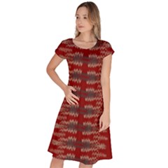 Red Grey Ikat Pattern Classic Short Sleeve Dress by SpinnyChairDesigns