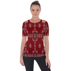 Red Grey Ikat Pattern Shoulder Cut Out Short Sleeve Top by SpinnyChairDesigns