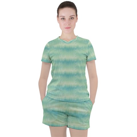 Light Green Turquoise Ikat Pattern Women s Tee And Shorts Set by SpinnyChairDesigns