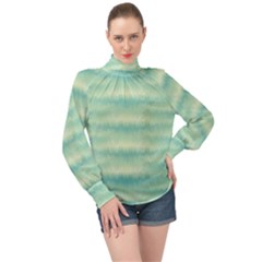 Light Green Turquoise Ikat Pattern High Neck Long Sleeve Chiffon Top by SpinnyChairDesigns