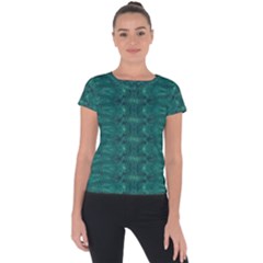 Teal Ikat Pattern Short Sleeve Sports Top  by SpinnyChairDesigns