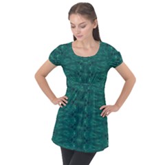 Teal Ikat Pattern Puff Sleeve Tunic Top by SpinnyChairDesigns