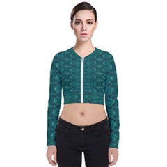 Teal Ikat Pattern Long Sleeve Zip Up Bomber Jacket by SpinnyChairDesigns