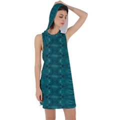 Teal Ikat Pattern Racer Back Hoodie Dress by SpinnyChairDesigns