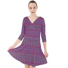 Red Blue Ikat Pattern Quarter Sleeve Front Wrap Dress by SpinnyChairDesigns
