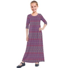 Red Blue Ikat Pattern Kids  Quarter Sleeve Maxi Dress by SpinnyChairDesigns