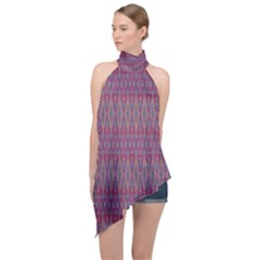 Red Blue Ikat Pattern Halter Asymmetric Satin Top by SpinnyChairDesigns