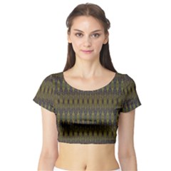 Olive Green And Blue Ikat Pattern Short Sleeve Crop Top by SpinnyChairDesigns