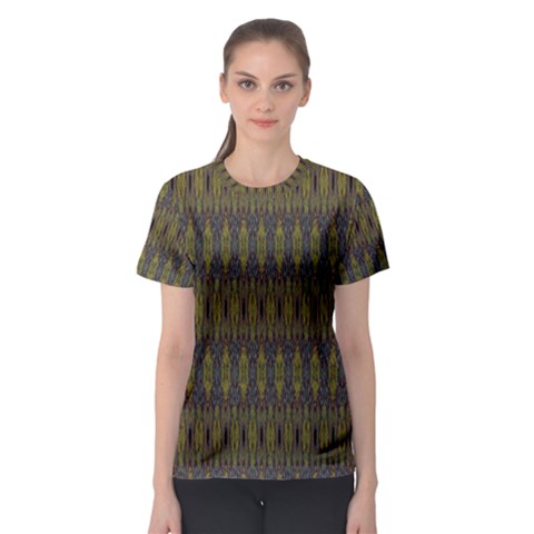 Olive Green And Blue Ikat Pattern Women s Sport Mesh Tee by SpinnyChairDesigns