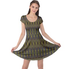 Olive Green And Blue Ikat Pattern Cap Sleeve Dress by SpinnyChairDesigns