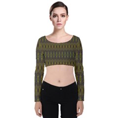 Olive Green And Blue Ikat Pattern Velvet Long Sleeve Crop Top by SpinnyChairDesigns