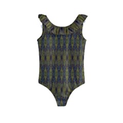 Olive Green And Blue Ikat Pattern Kids  Frill Swimsuit by SpinnyChairDesigns