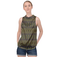 Olive Green And Blue Ikat Pattern High Neck Satin Top by SpinnyChairDesigns