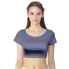 Purple Blue Ikat Stripes Short Sleeve Crop Top by SpinnyChairDesigns