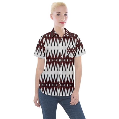 Brown And White Ikat Women s Short Sleeve Pocket Shirt by SpinnyChairDesigns