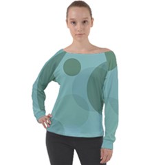 Teal Turquoise Blue Large Polka Dots Off Shoulder Long Sleeve Velour Top by SpinnyChairDesigns