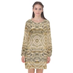 Ecru And Brown Intricate Pattern Long Sleeve Chiffon Shift Dress  by SpinnyChairDesigns