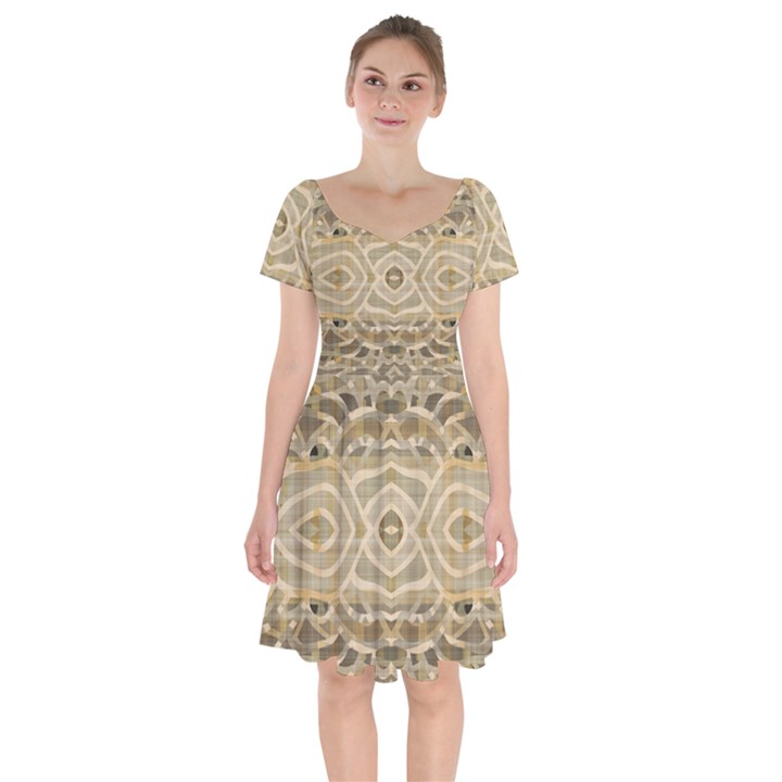 Ecru and Brown Intricate Pattern Short Sleeve Bardot Dress