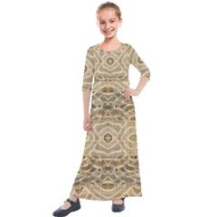 Ecru And Brown Intricate Pattern Kids  Quarter Sleeve Maxi Dress by SpinnyChairDesigns