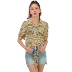 Ecru And Brown Intricate Pattern Tie Front Shirt  by SpinnyChairDesigns