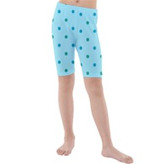 Blue Teal Green Polka Dots Kids  Mid Length Swim Shorts by SpinnyChairDesigns