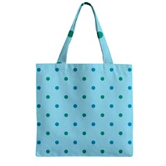 Blue Teal Green Polka Dots Zipper Grocery Tote Bag by SpinnyChairDesigns