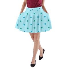 Blue Teal Green Polka Dots A-line Pocket Skirt by SpinnyChairDesigns