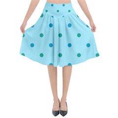 Blue Teal Green Polka Dots Flared Midi Skirt by SpinnyChairDesigns