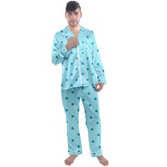 Blue Teal Green Polka Dots Men s Long Sleeve Satin Pyjamas Set by SpinnyChairDesigns