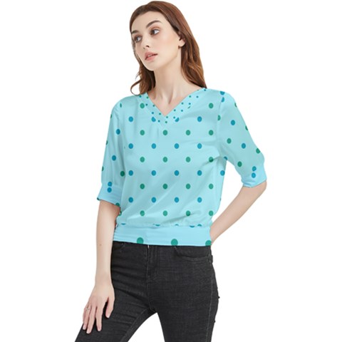 Blue Teal Green Polka Dots Quarter Sleeve Blouse by SpinnyChairDesigns