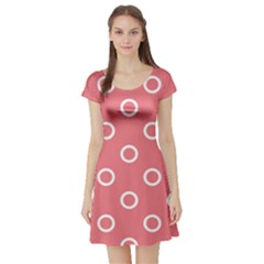 Coral Pink And White Circles Polka Dots Short Sleeve Skater Dress by SpinnyChairDesigns