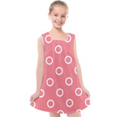 Coral Pink And White Circles Polka Dots Kids  Cross Back Dress by SpinnyChairDesigns