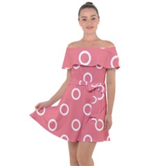 Coral Pink And White Circles Polka Dots Off Shoulder Velour Dress
