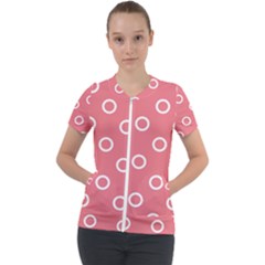 Coral Pink And White Circles Polka Dots Short Sleeve Zip Up Jacket by SpinnyChairDesigns