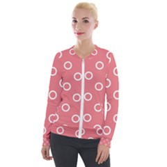 Coral Pink And White Circles Polka Dots Velour Zip Up Jacket by SpinnyChairDesigns